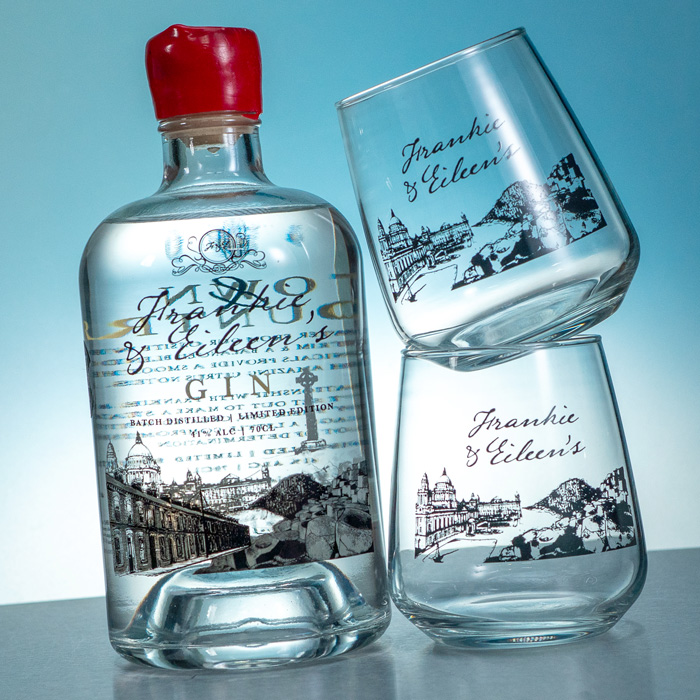 Frankie & Eileens Gin with two branded glasses